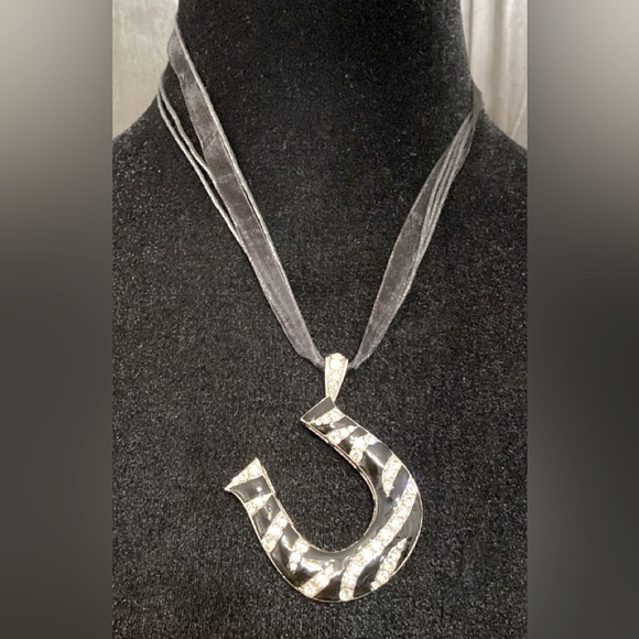Vintage Silver tone horseshoe with rhinestone Pendant in Zebra Pattern necklace - Picture 1 of 10
